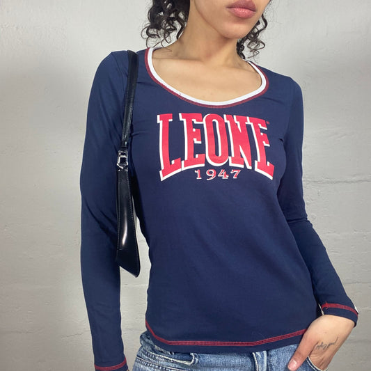 Vintage 2000's Sporty Navy Blue Longsleeve Top with Leone Red Print and Red Seaming (M)