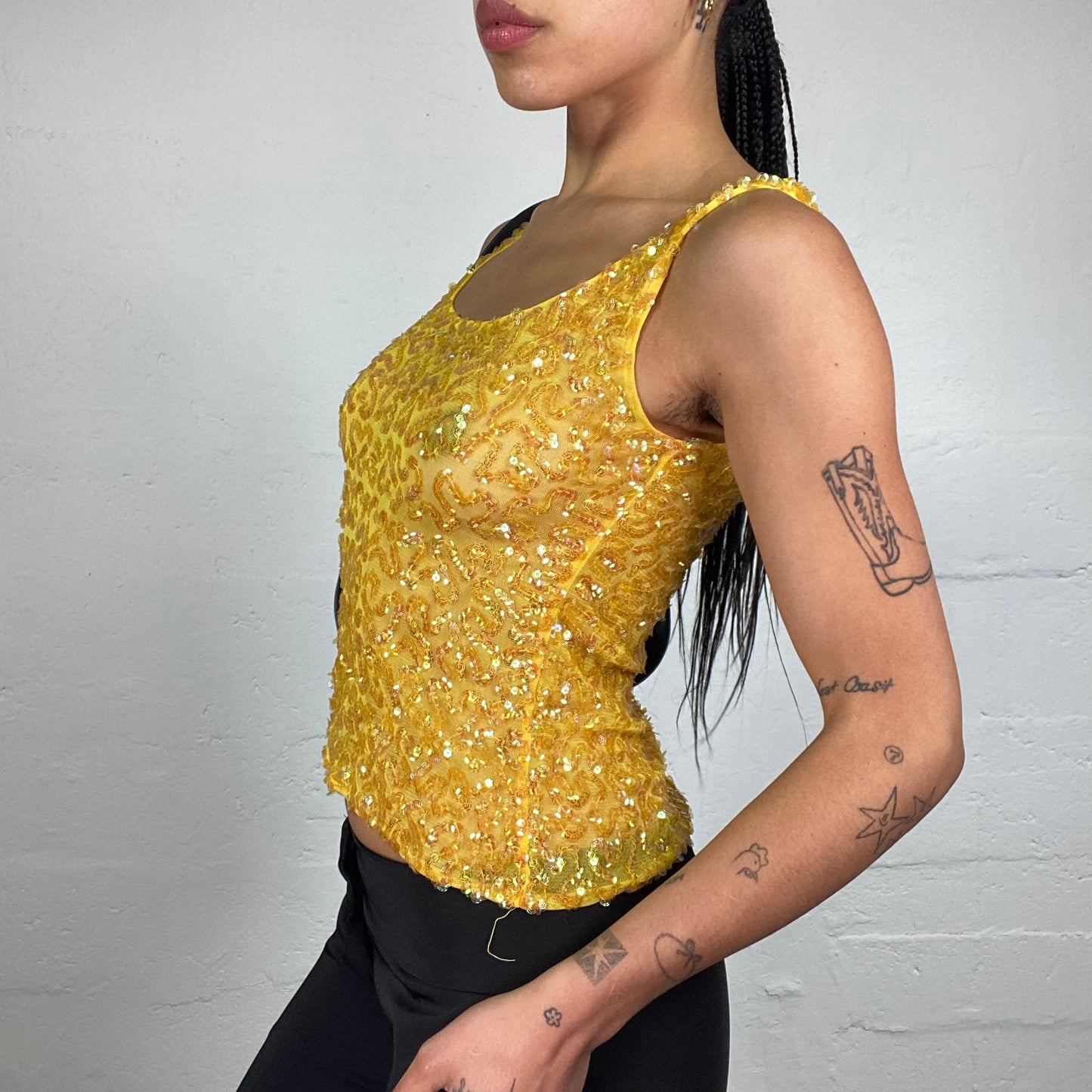 Vintage 2000's Funky Clubwear Yellow Sequin Decorated Tank Top (S)