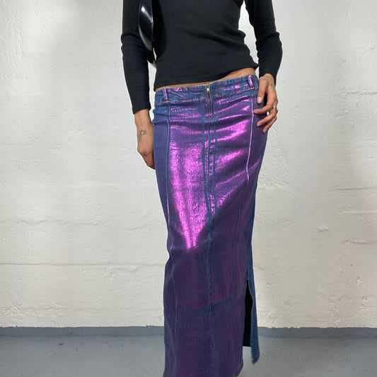 Vintage 2000's Funky Blue Denim with Purple Hologram Print Maxi Skirt (S)