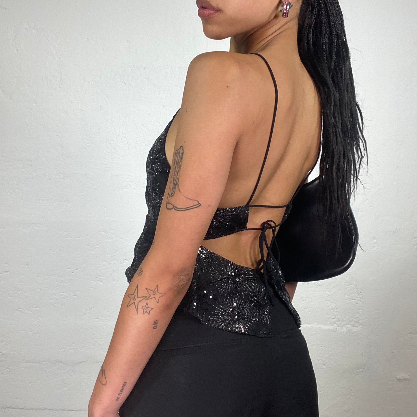Vintage 2000’s Clubwear Black Chiffon Doll Fit Crop Top with Silver Shiny Print and Open Back (M)
