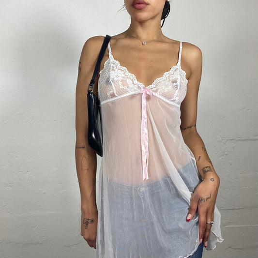 Vintage 2000's Romantic White Lingerie Style Mesh See Through Mini Dress with Lace Decorated Bra (S)