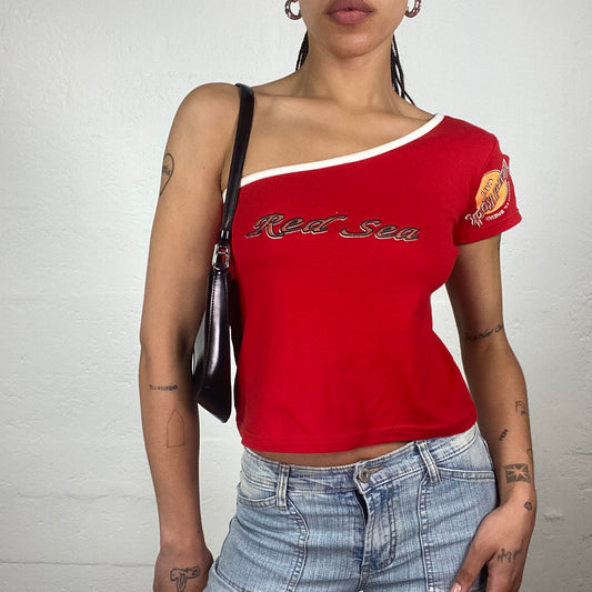 Vintage 2000’s Hard Rock Cafe Red One Shoulder Asymmetric Baby Tee with Back Logo Print (S)