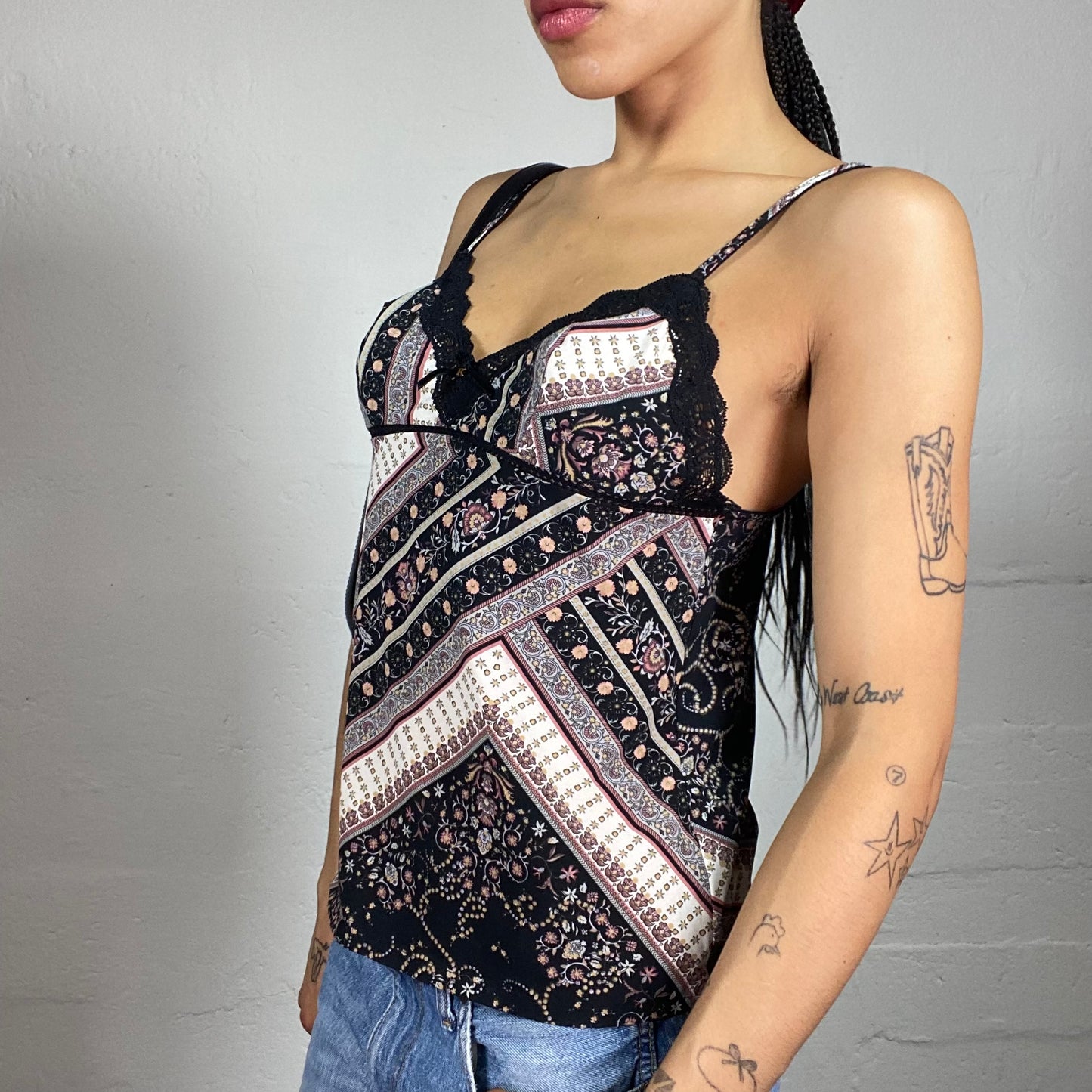 Vintage 2000's Boho Girl Brown and Black Cami Printed Top with Lace Bra Trim (M)