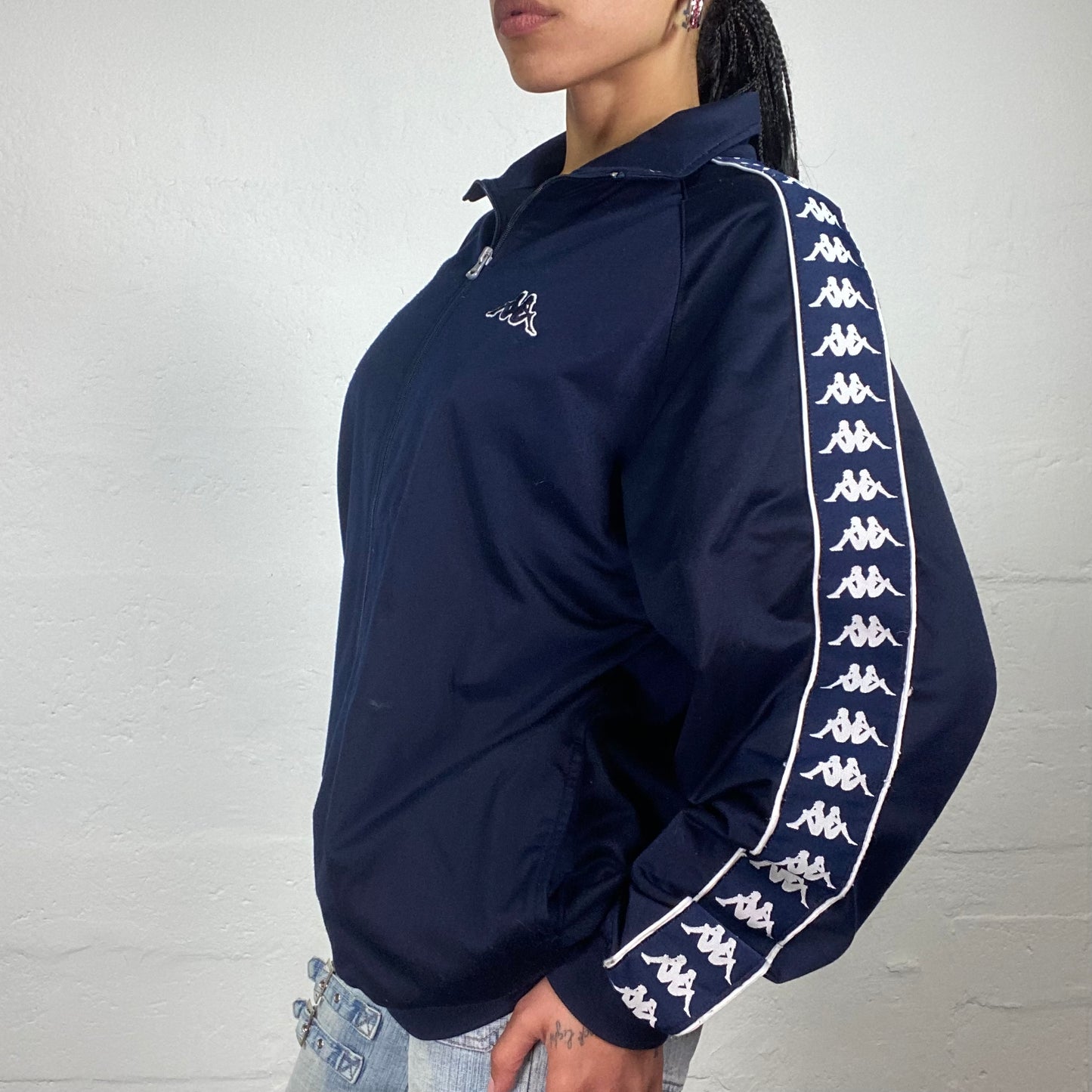 Vintage 90’s Kappa Sporty Navy Blue Zip Up Pullover with Sleeve Logo Print (L)