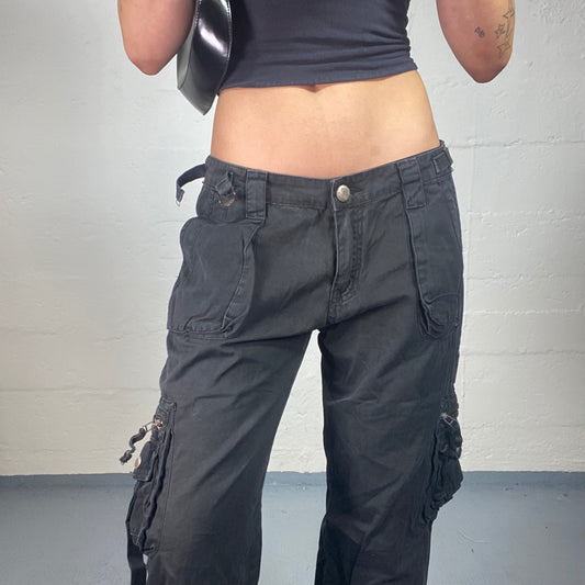 Vintage 2000's Biker Style Black Low Waisted Straight Fit Cargo Pants (M)