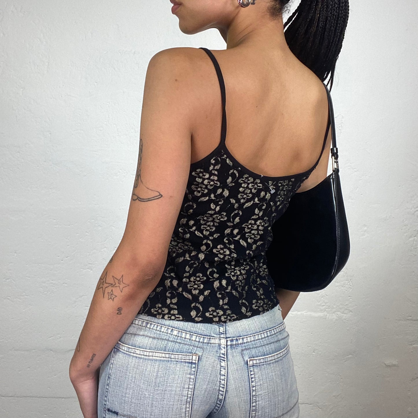 Vintage 2000’s Baroque Black Classy Cami Top with Beige Lace Effect Floral Embroidery (S)