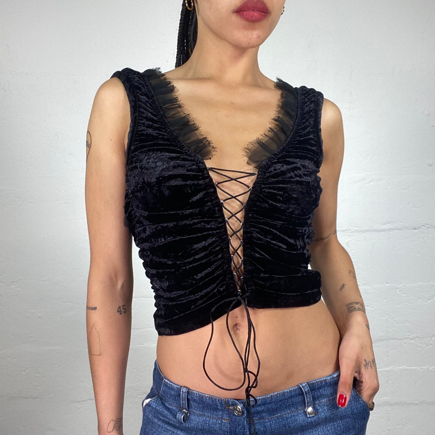 Vintage 2000's Morgan Gothic Black Velour Lace Up Top with Mesh Ruffled Details and Open Bag (S)