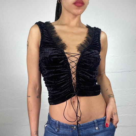 Vintage 2000's Morgan Gothic Black Velour Lace Up Top with Mesh Ruffled Details and Open Bag (S)