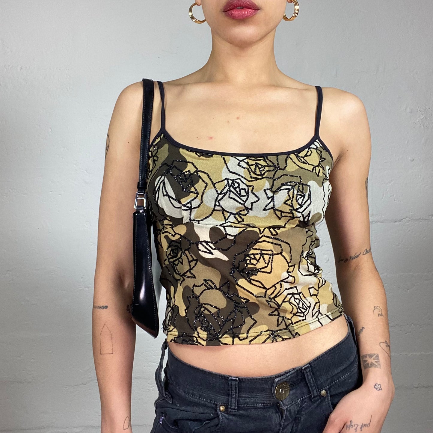 Vintage 2000's Romantic Bundle Button Up Shirt and Cami Top in Brown Tine with Black Glitter Rose Print (S/M)