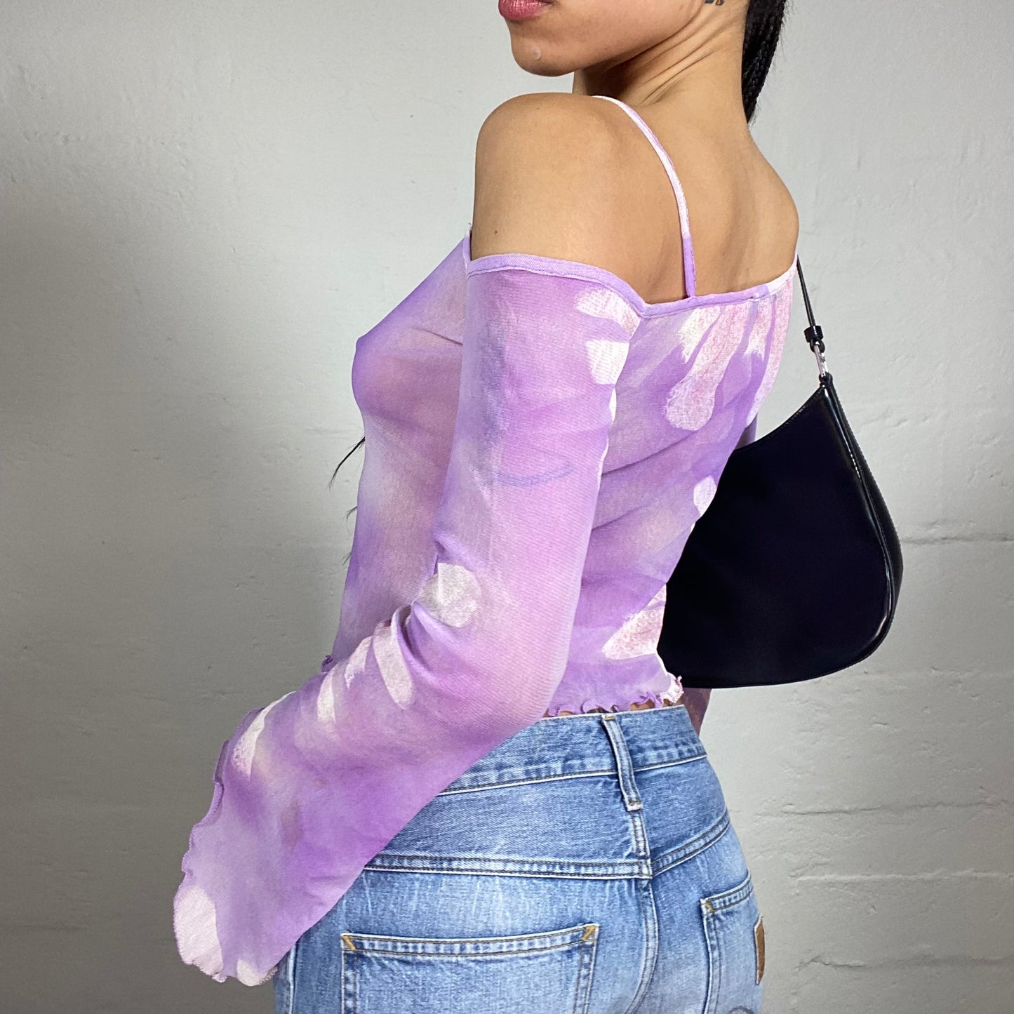 Vintage 2000's Romantic Purple Mesh See Through Flare Sleeves One Shoulder White Faded Print Top (S)