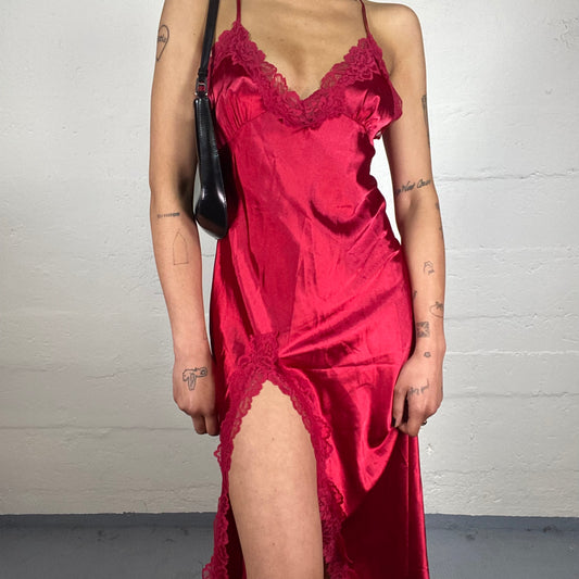 Vintage 2000's Romantic Dinner Date Red Silky Maxi Cami Gown with Side Cut and Lace Trim (M)