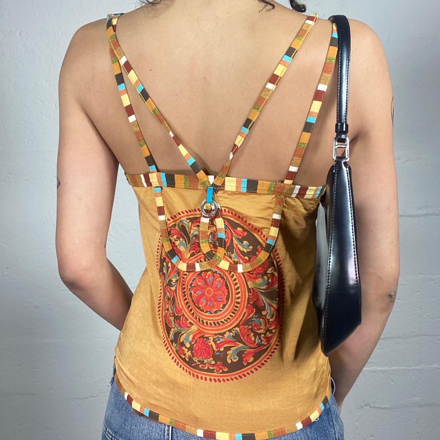 Vintage 2000's Save the queen Yellow Multiple Orange and Blue Embroidery Cami Top (L)