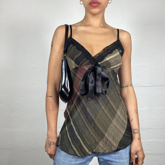 Vintage 2000's Classy Checkered Green and Blank Cami Top with Lace Trim and Silky Ribbon Detail (L)