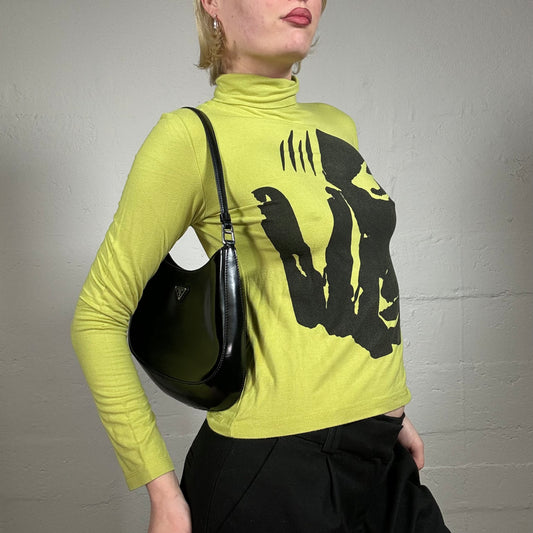 Vintage 2000's Casual Lime Green Turtle Neck Longsleeve Top with Black Futuristic Print (S)