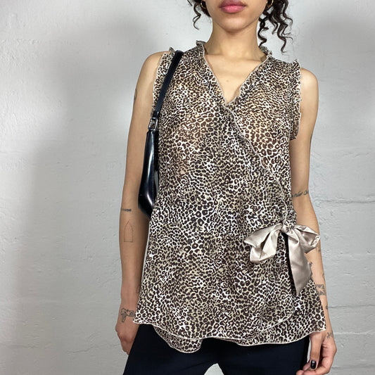 Vintage 2000's Cheetah Girl Chiffon Wrapped Side Satin Binding Animal Print Top (M/L)