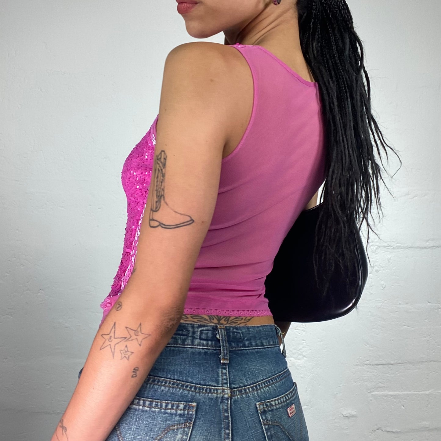 Vintage 2000's Clubwear Barbie Pink Sequins Covered Shiny Tank Top (S)