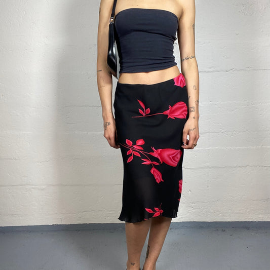 Vintage 2000's Chic Black Chiffon Flowy Skirt with Red Roses Print (S)