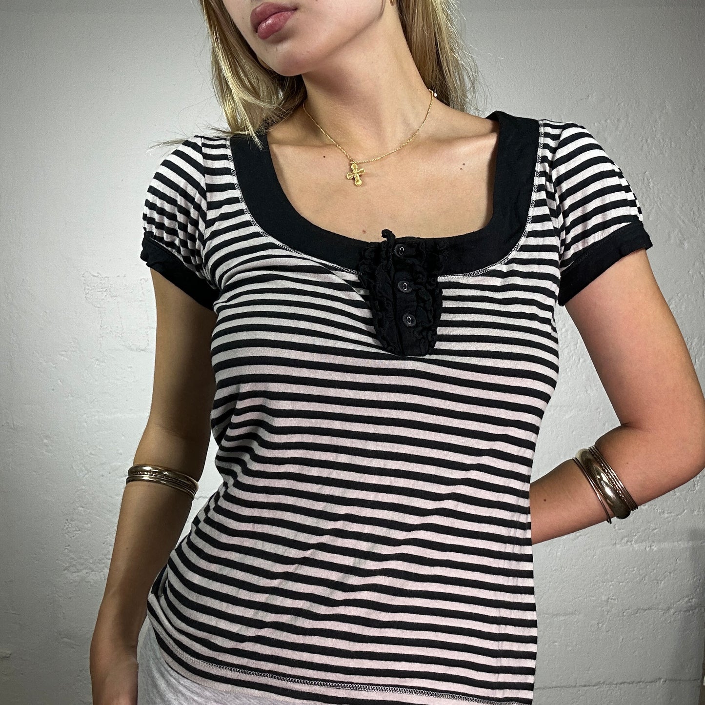 Vintage 90's Sailor Girl Black and White Striped Shirt with Button Detail (S)