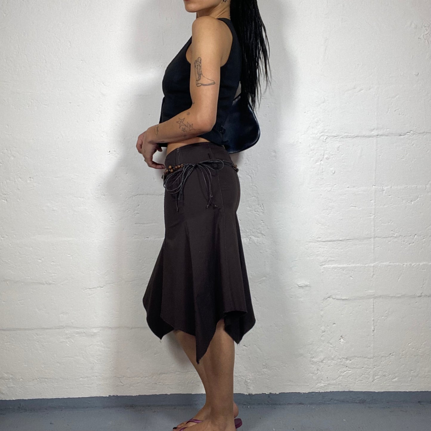 Vintage 2000's Boho Girl Brown Asymmetric Trim Midi Skirt (S)
