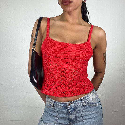 Vintage 2000’s Coffee Date Coral Red Crochet Cropped Cami Top (S)