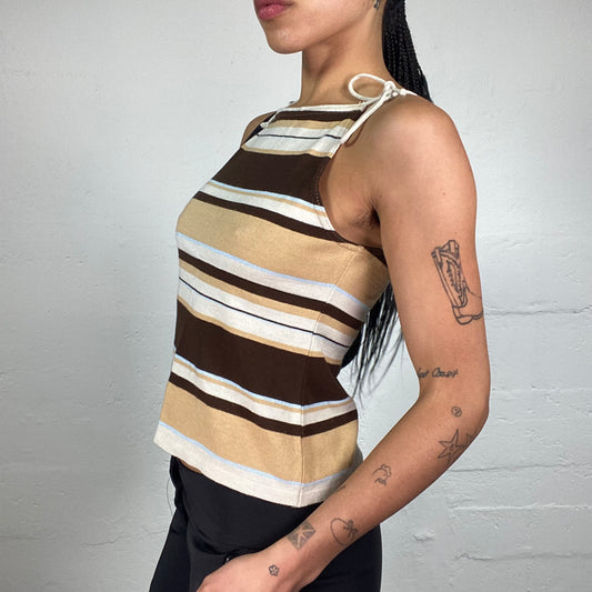 Vintage 2000's Downtown Girl Brown and Beige Striped Cami Top with Shoulder Binding (L)