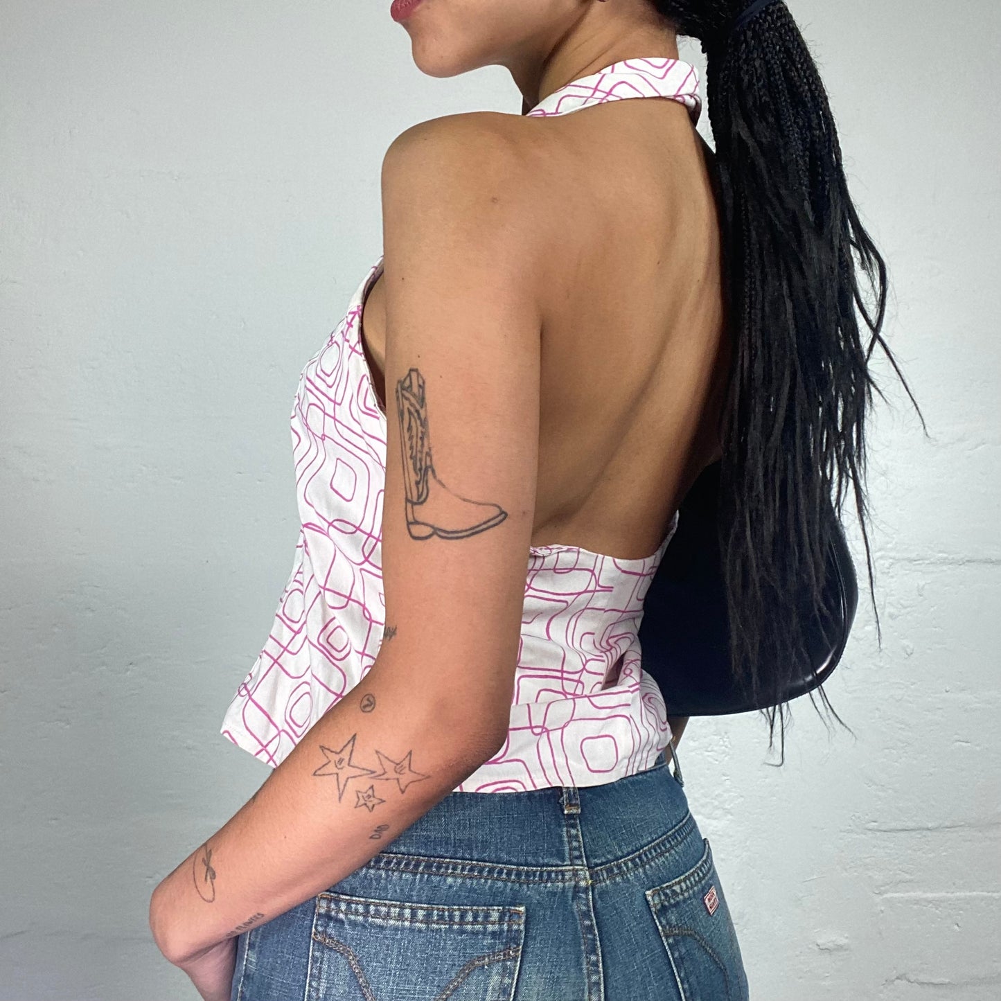 Vintage 2000's Downtown Girl White Collared Zip Up Neckholder Top with Pink Geometric Print (S)