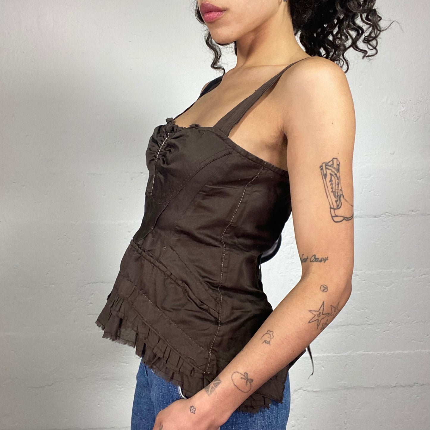 Vintage 2000's Coquette Brown Corset Style Ruffled Top with Button Up Back (M)