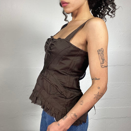 Vintage 2000's Coquette Brown Corset Style Ruffled Top with Button Up Back (M)