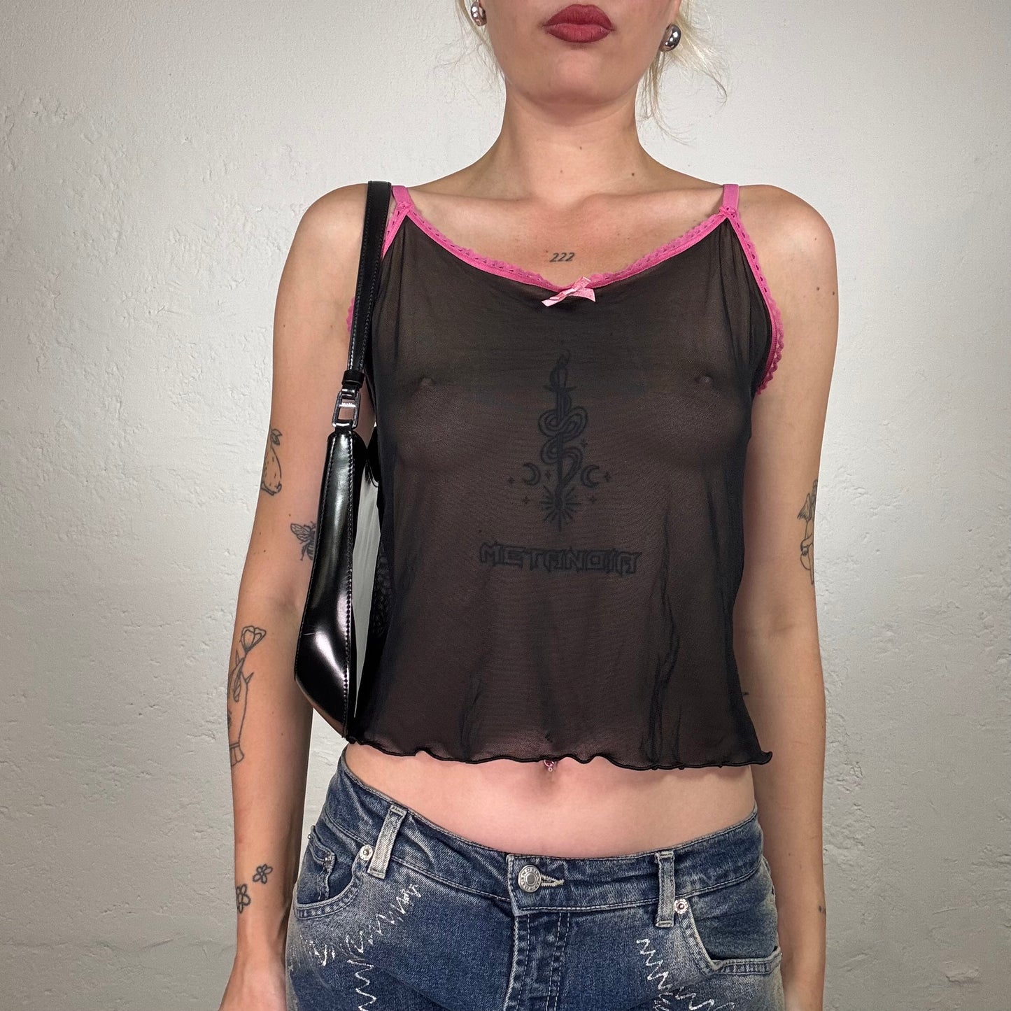 Vintage 2000's Lingerie Black Mesh Cami Top with Hot Pinkt Lace Trim and Ribbon Detail (M)