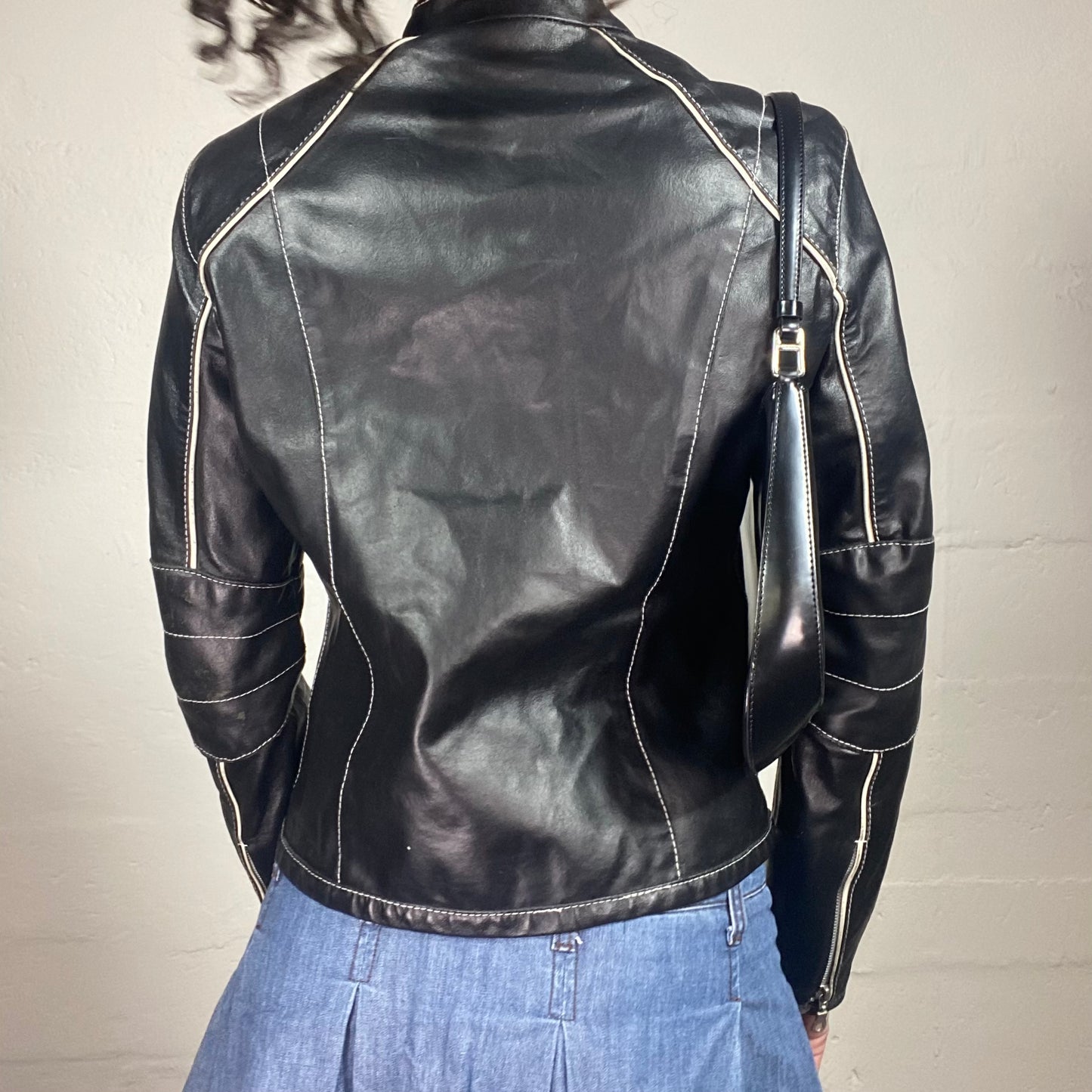 Vintage 2000's Biker Glossy Black Leather Jacket with Contrast White Stripes (M)