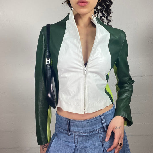 Vintage 2000's Biker Style Fun Green and White Zip Up Cropped Leather Jacket (S)