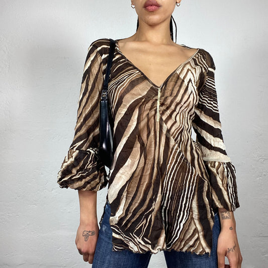 Vintage 2000's Romantic Longsleeve Chiffon V-Cut Animal Print Brown Shirt (M)