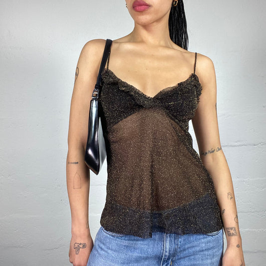 Vintage 2000's Glamorous Brown Mesh See Through Glitter Shimmer Cami Top with Ruffled Bra Decor (S)