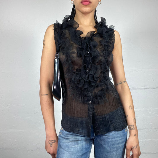 Vintage 2000's Romantic See Through Pleated black Button Up Sleeveless Shirt with Ruffled Embroidery (S)