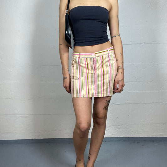 Vintage 2000's Cute Striped Pink and Yellow Toned Mini Skirt (M)