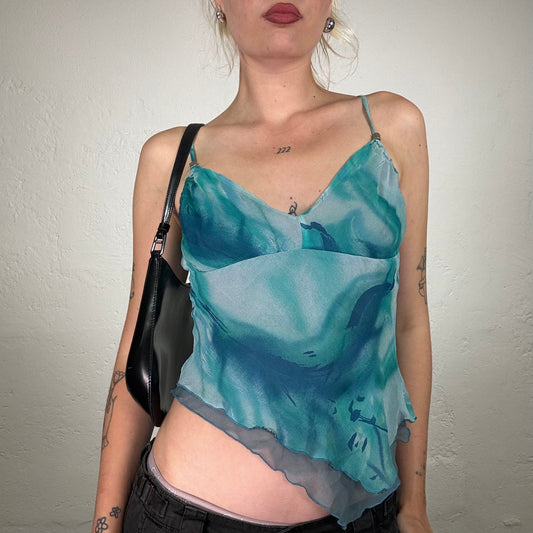 Vintage 2000's Pinko Summer Mermaid Water Aquamarine Blue Chiffon Cami Top (S)