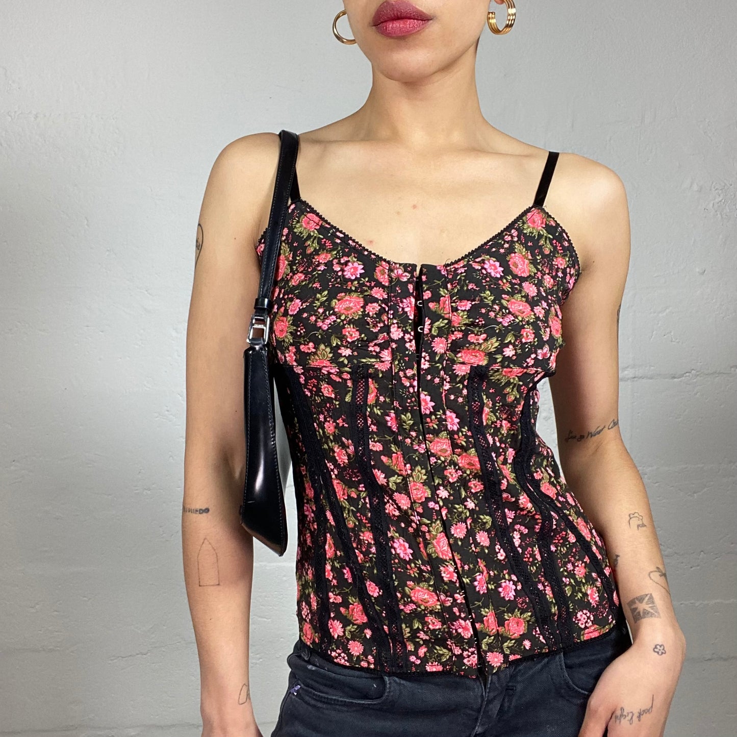 Vintage 2000's Soft Girl Black Corset Style Top with Pink Floral Print (S)