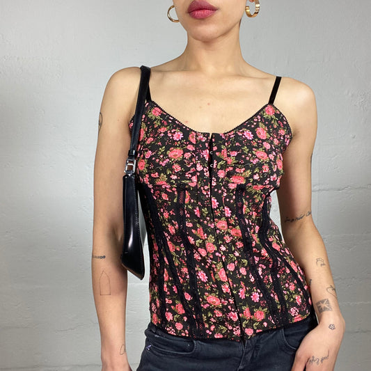 Vintage 2000's Soft Girl Black Corset Style Top with Pink Floral Print (S)