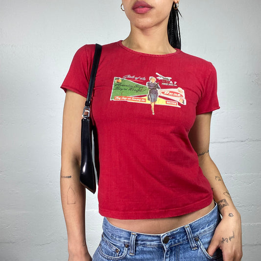 Vintage 2000's Skater Girl Red Baby Tee with 80’s Style Print (M)