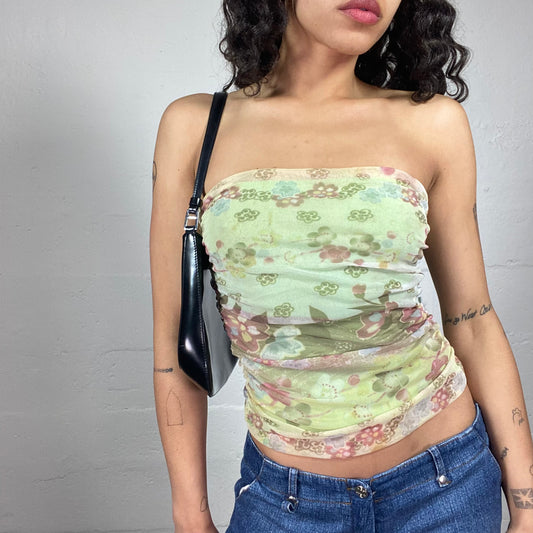 Vintage 2000's Garden Fairy Summer Green Chiffon Draped Tube Top with Floral Print (S)