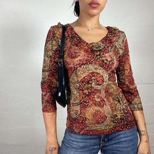 Vintage 2000's Boho Girl Warm Brown/Burgundy and Green Chiffon 3/4 Sleeves Printed Top (S)