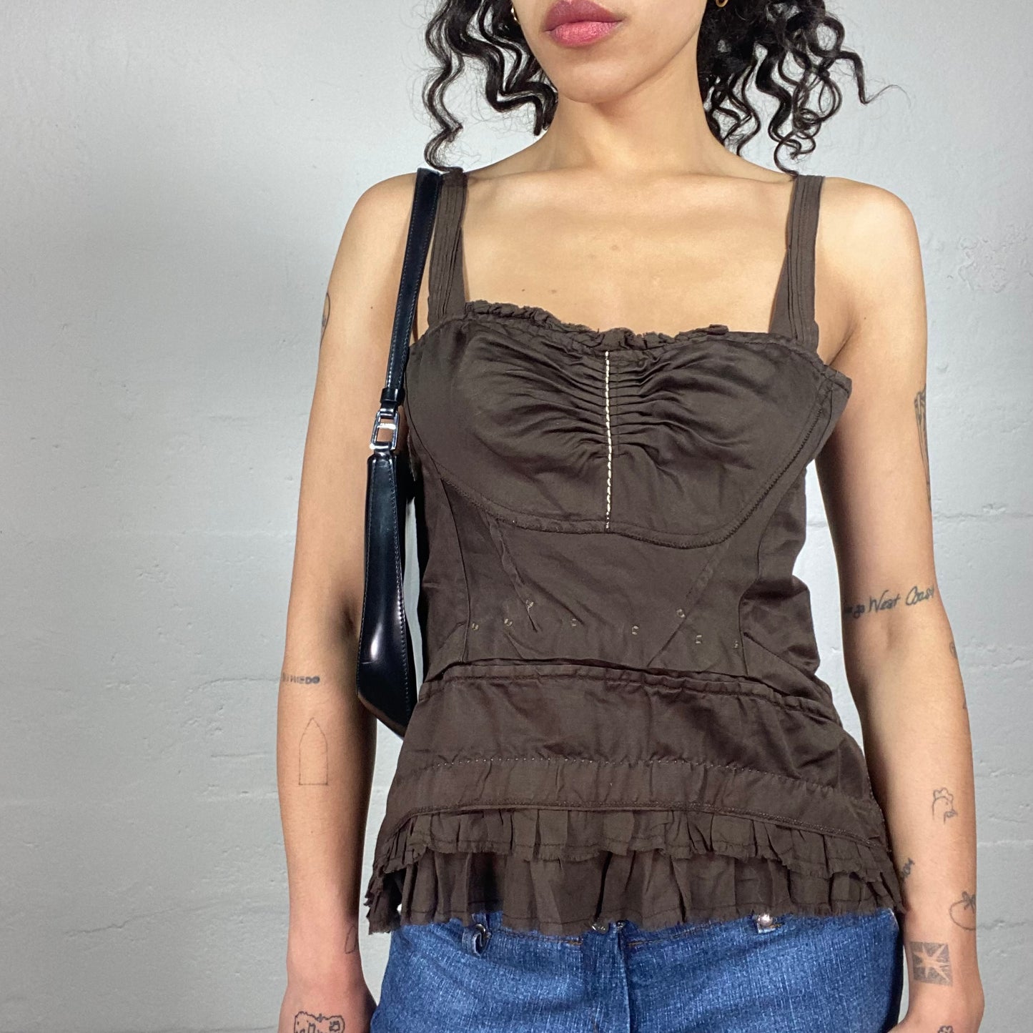 Vintage 2000's Coquette Brown Corset Style Ruffled Top with Button Up Back (M)