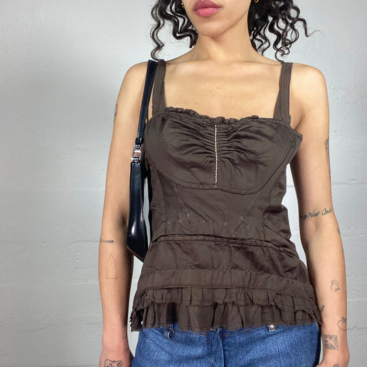 Vintage 2000's Coquette Brown Corset Style Ruffled Top with Button Up Back (M)