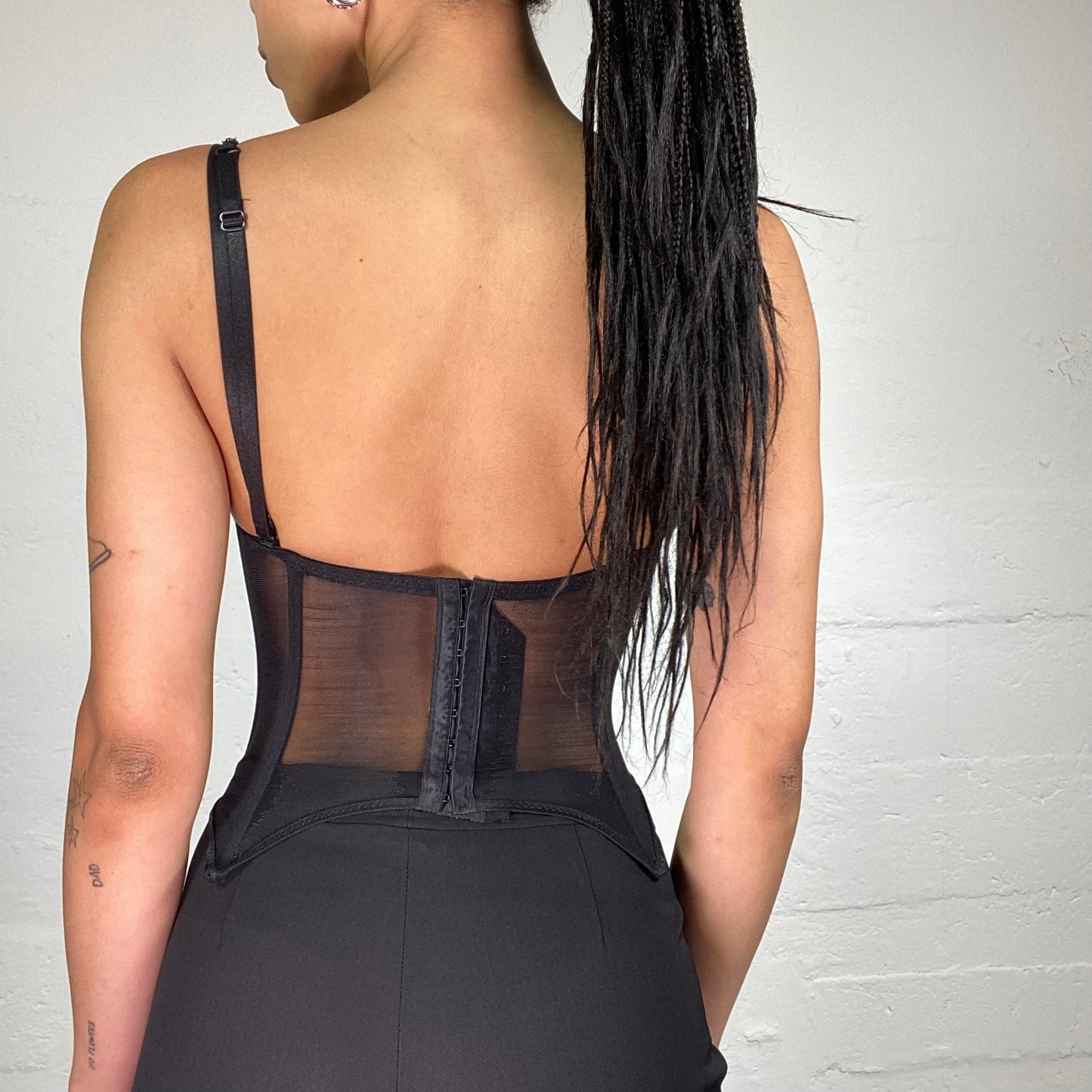 Vintage 2000's Classy Black Silky Lace Up Pointy Trim Corset Top with Mesh Back (S)