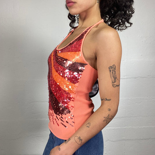 Vintage 2000's Clubwear Coral Neckholder Top with Sequins Multicoloured Embroidery (M)