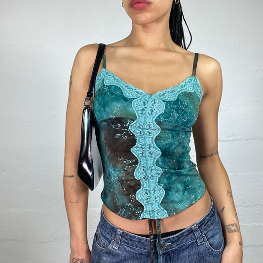 Vintage 2000's Mermaid Style Aquamarine Tie Dye Textured Cami Top with Glitter Print and Lace Details (S)