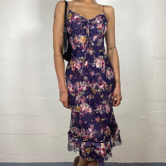 Vintage 2000’s Baroque Summer Purple Lace Midi Dress with Floral Print (M)
