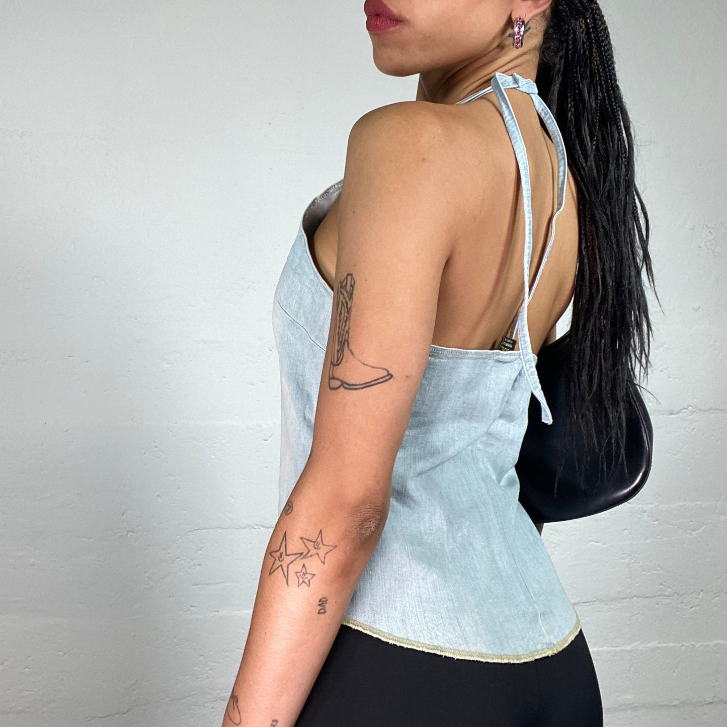 Vintage 2000's Downtown Girl Light Blue Washed Out Denim Neckholder Top (L)