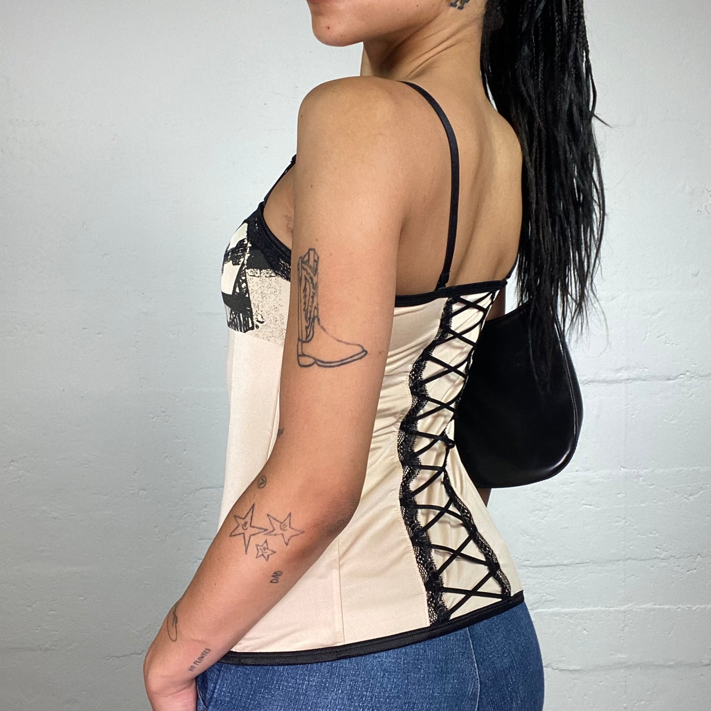 Vintage 2000's Romantic Beige and Black Corset Top with London Print and Back Lacing Up (S)