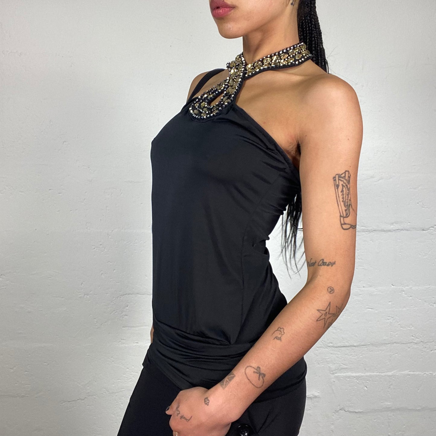 Vintage 2000's Glamorous Dinner Black Draped Neckholder Top with Golden Stones and Sequins Decorated Neck (S)